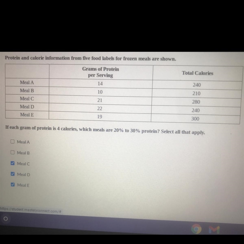 Protein and calorie information from five food labels for frozen meals are shown. Total-example-1