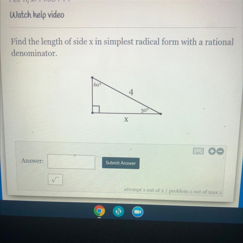 Find the length of side x in simplest radical form with a rational a denominator.-example-1