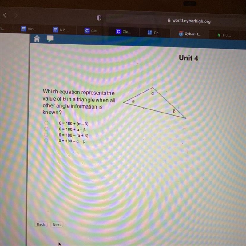 Unit 4 Which equation represents the value of in a triangle when all other angle information-example-1