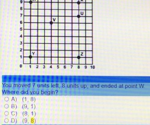 You moved 7 units left, 8 units up, and ended at point W Where did you begin? OA) (1.8) OB-example-1