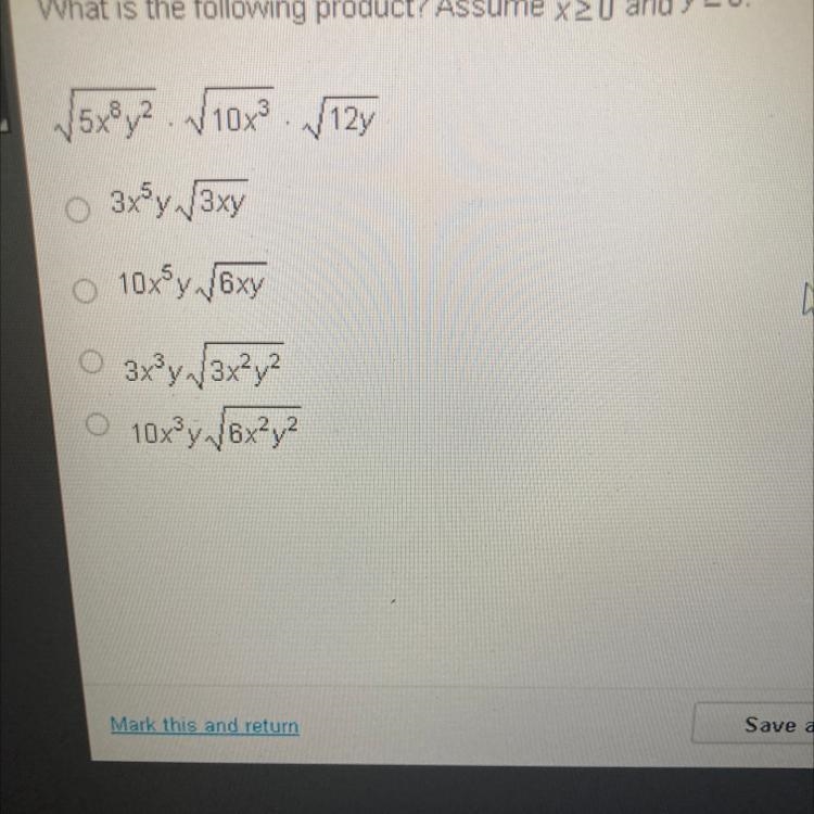 What is the following product? Assume x>0 and y>0 v5x^8y^2•v10^3•v12y-example-1