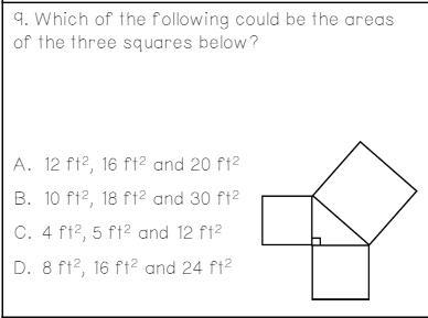 Which of the following could be the areas of the three squares below?-example-1