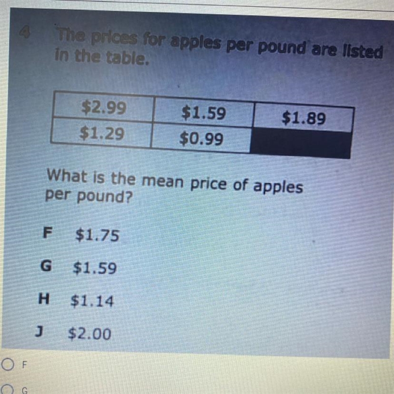 Me prions for apples per pound are listed in the table. $2.99 $1.29 $1.89 $1.59 $0.99 What-example-1