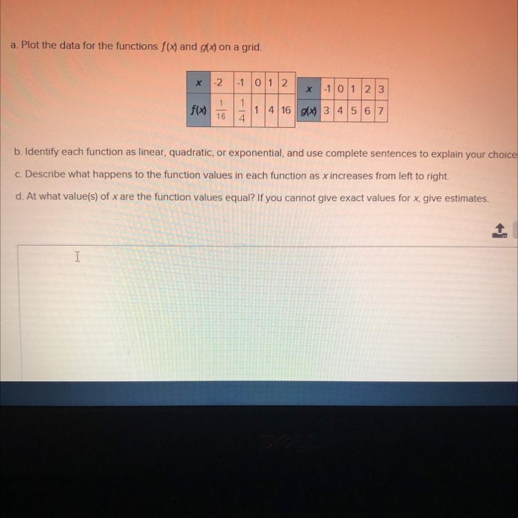 Lot the data for the functions f(x) and g(x) on a grid. X -2 1 0 1 2 Х -1 0 1 2 3 - f-example-1