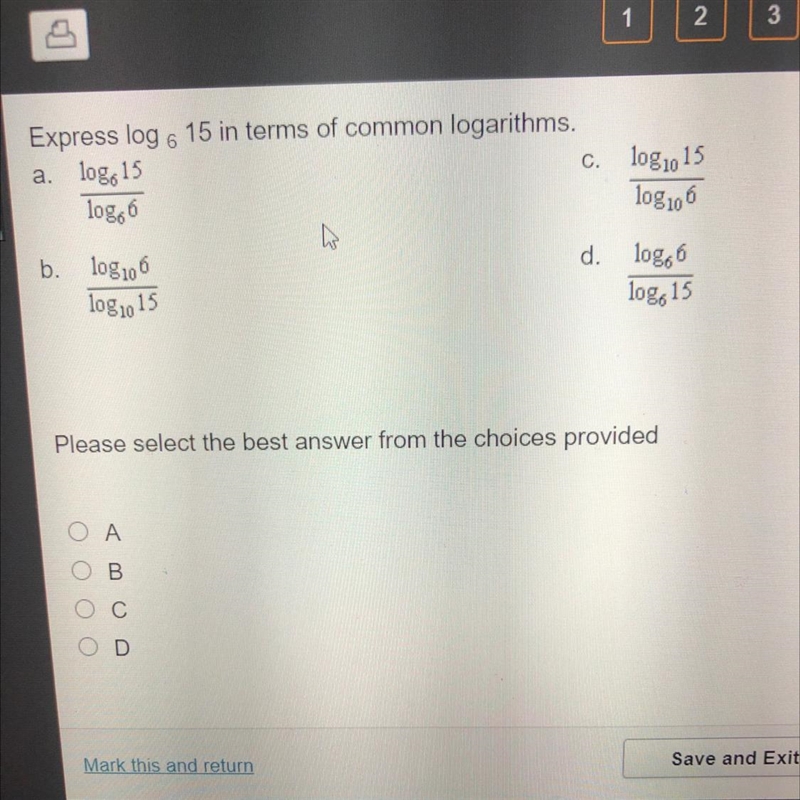 Express log6 (15) in terms of common logarithms *no file answers*-example-1