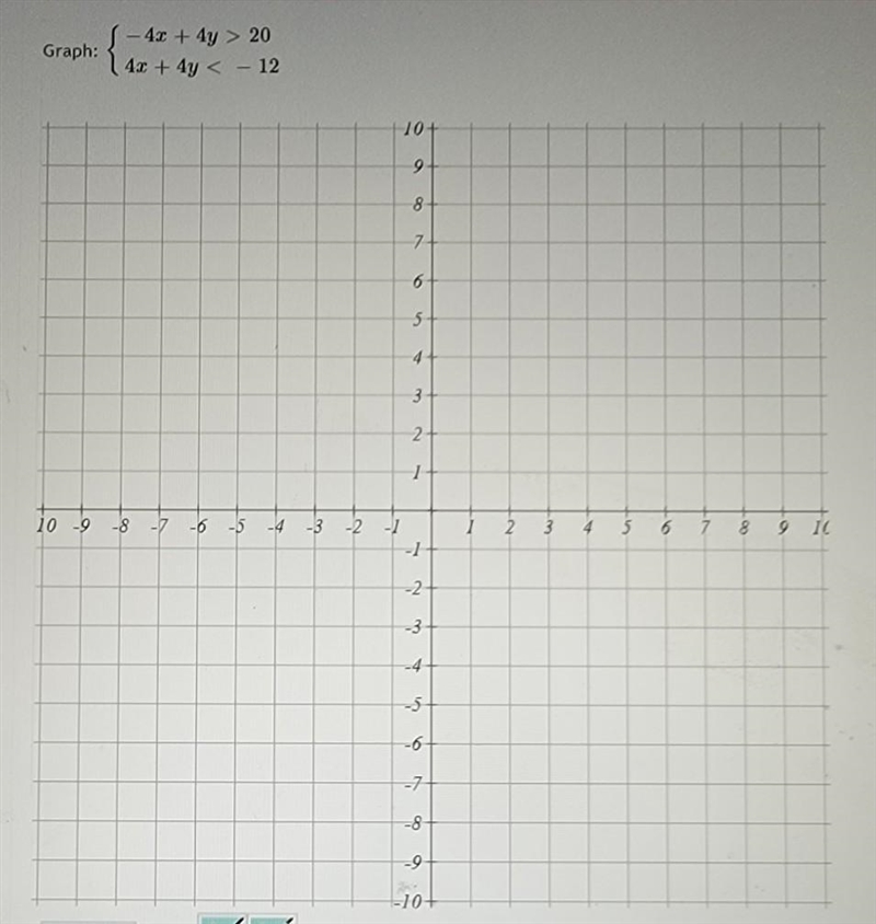 Graph: - 4x + 4y > 20 & 4x + 4y < -12 please help !!!!! ​-example-1