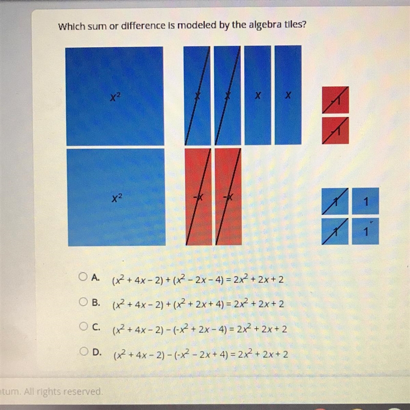 Which sum or difference ls modeled by the algebra tiles? HELPPP PLEASEE ASAPPPP-example-1