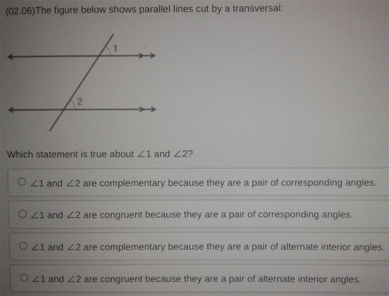 The figure below shows parallel lines cut by a transversal. Which statement is true-example-1