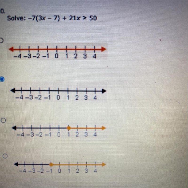 Solve: -7(3x - 7) + 21x > 50-example-1