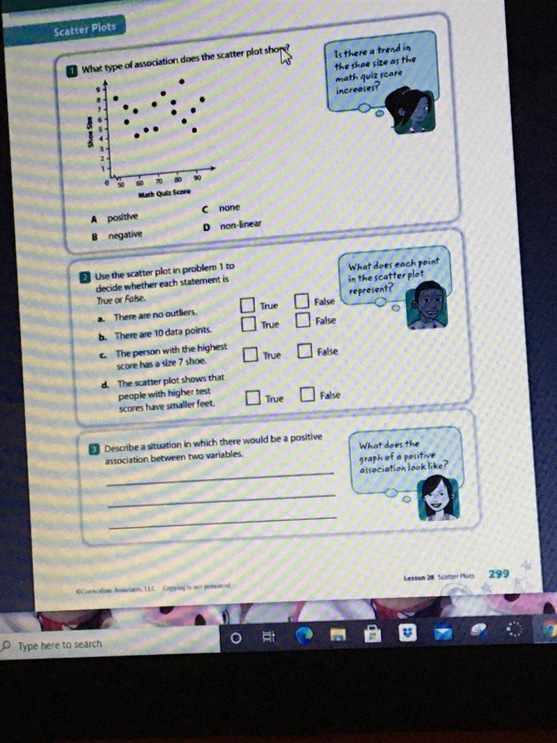 2.use the scatter plot in problem 1 to decide whether each statement is true or false-example-1