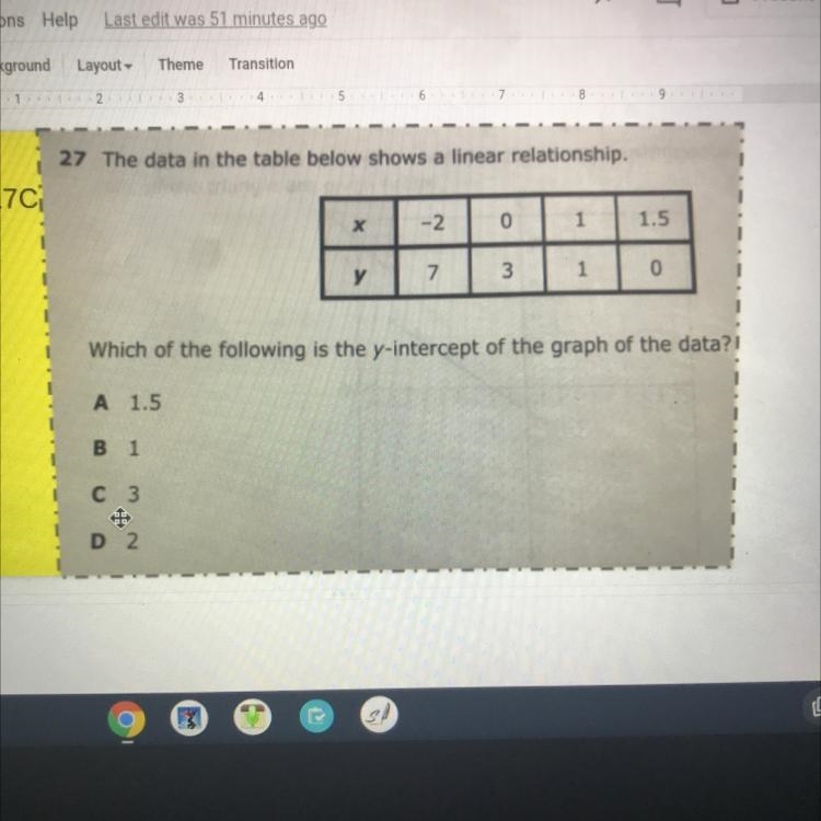 27 The data in the table below shows a linear relationship. х -2 0 1.5 у 7 3 1 0 Which-example-1
