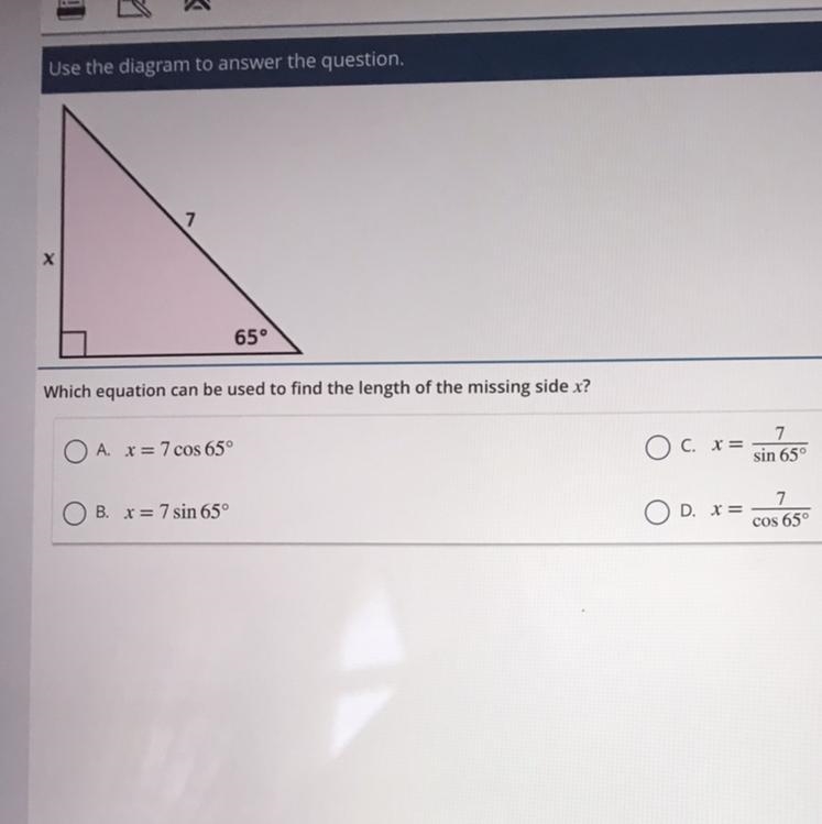 Which equation can be used to find the length of the missing side x?-example-1