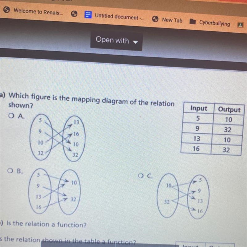 5. a) Which figure is the mapping diagram of the relation shown? b) is the relation-example-1