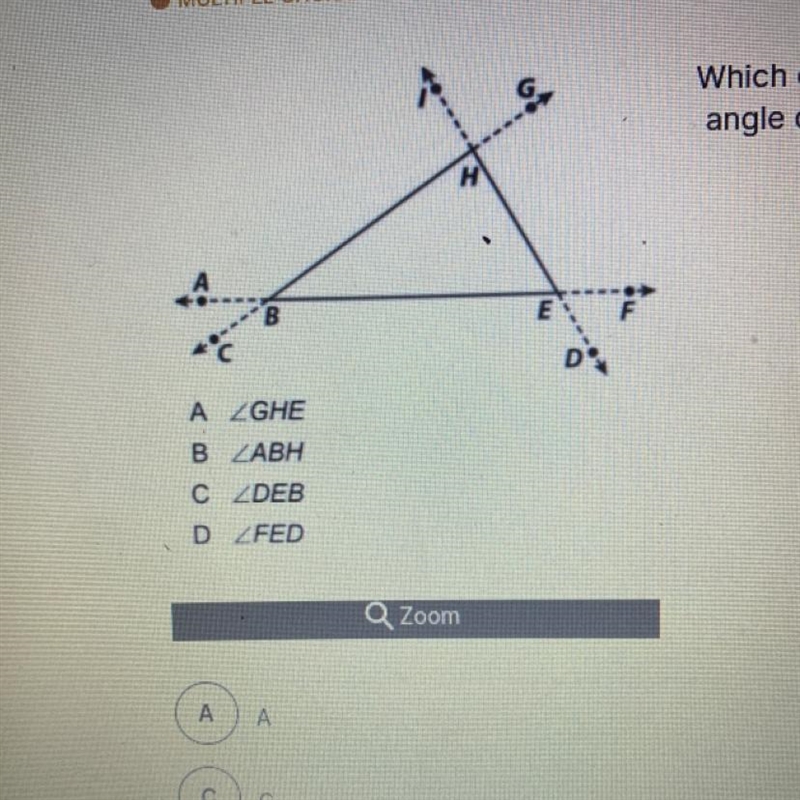 Which of the following is not an exterior angle of triangle BHE-example-1