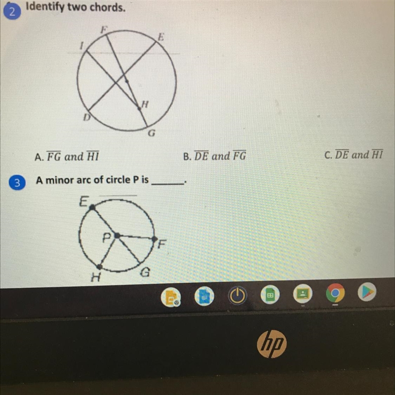 Identify two chords. A. FG and Hi B. DE and FG C. DE and HI-example-1