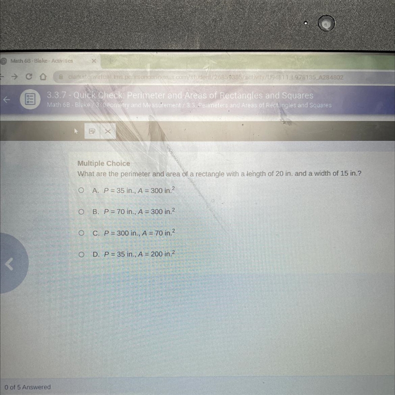 Multiple Choice What are the perimeter and area of a rectangle with a length of 20 in-example-1