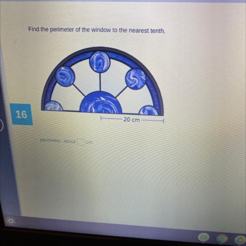 Find the perimeter of the semi circle window to the nearest tenth. 20 cm-example-1