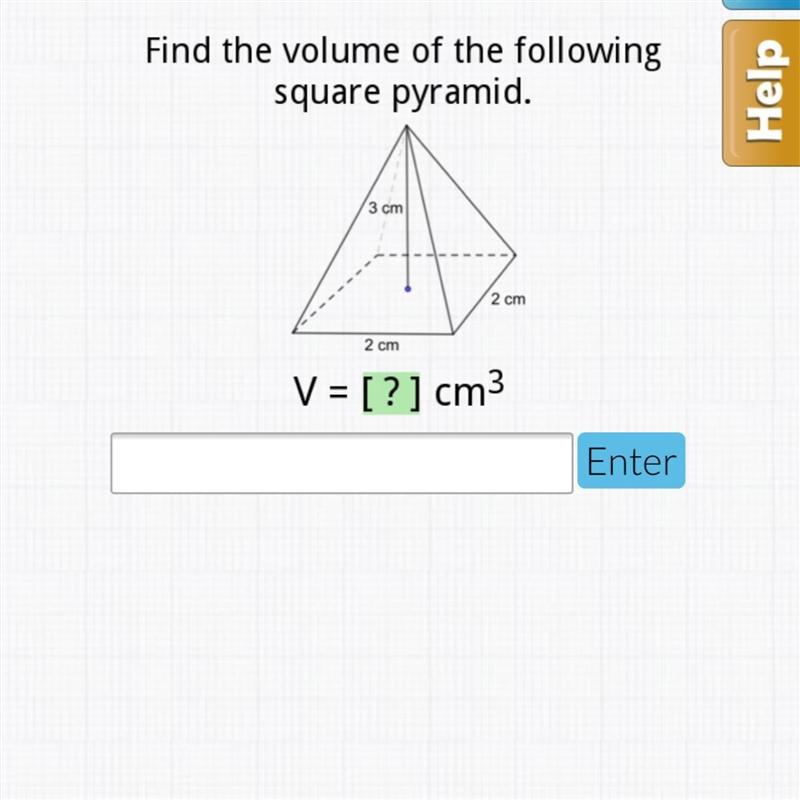 Find the volume of the following square pyramid. geometry hw-example-1