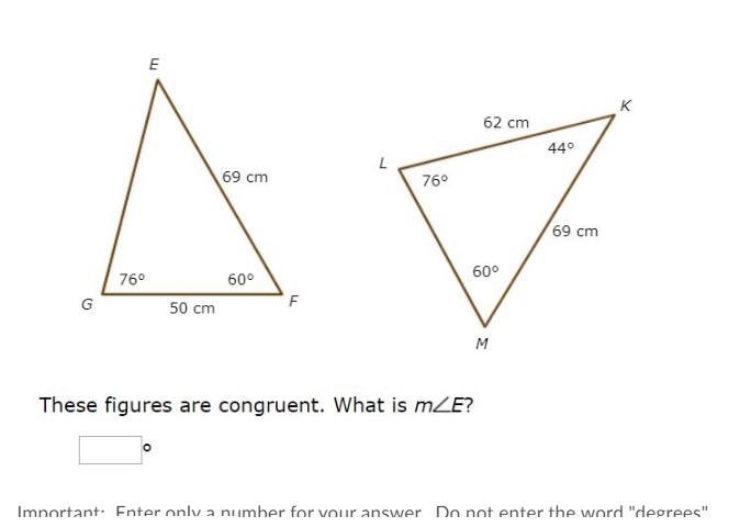 These are congruent. What is the measurement of E?-example-1