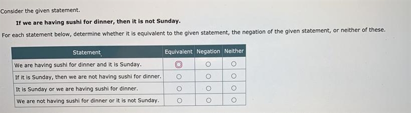 Consider the given statement. Determine whether its is equivalent to the given statement-example-1