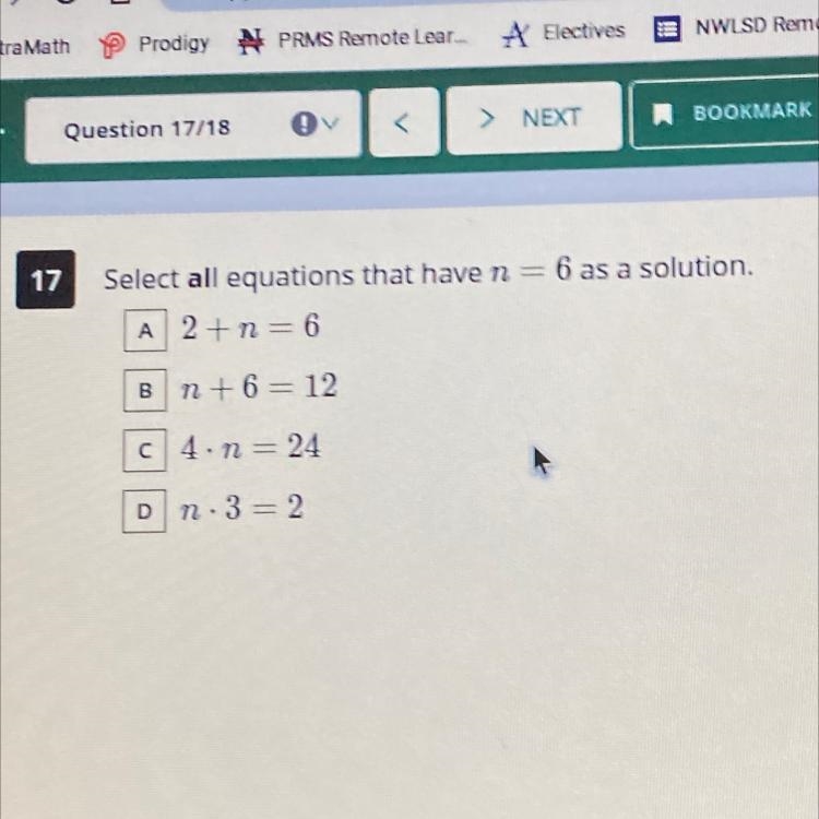 Select all equations that have n = 6 as a solution-example-1