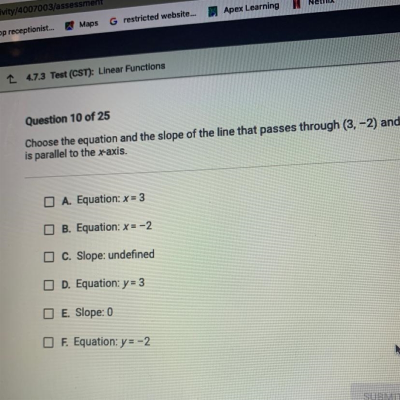 Choose the equation and the slope of the line that passes through (3,-2) and is parallel-example-1