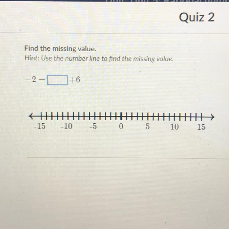 Find the missing value. Hint: Use the number line to find the missing value. a -2= +6 -15 -10 -5 0 5 10 15-example-1