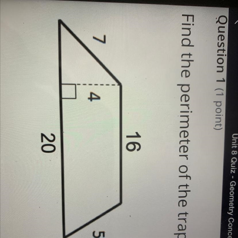 Find the perimeter of the trapezoid. 16 7 5 4 20 Plz plz help-example-1