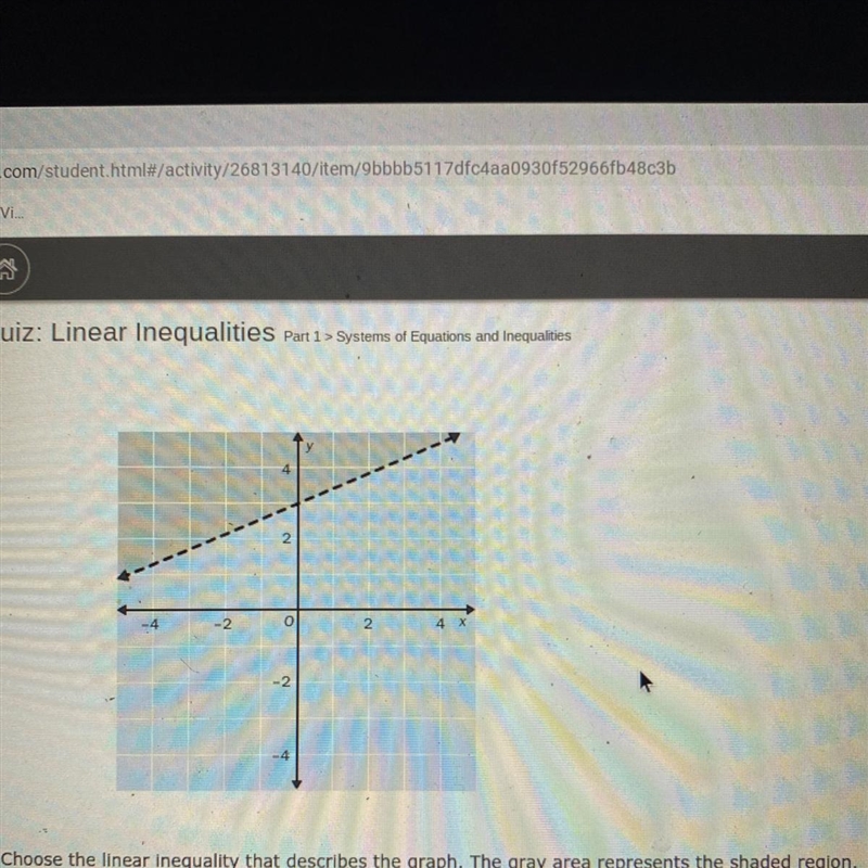 Choose the linear Inequality that describes the graph. The gray area represents the-example-1