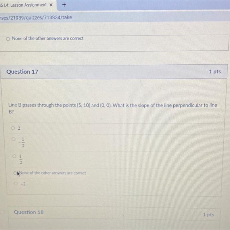 Line B passes through the points (5, 10) and (0,0). What is the slope of the line-example-1