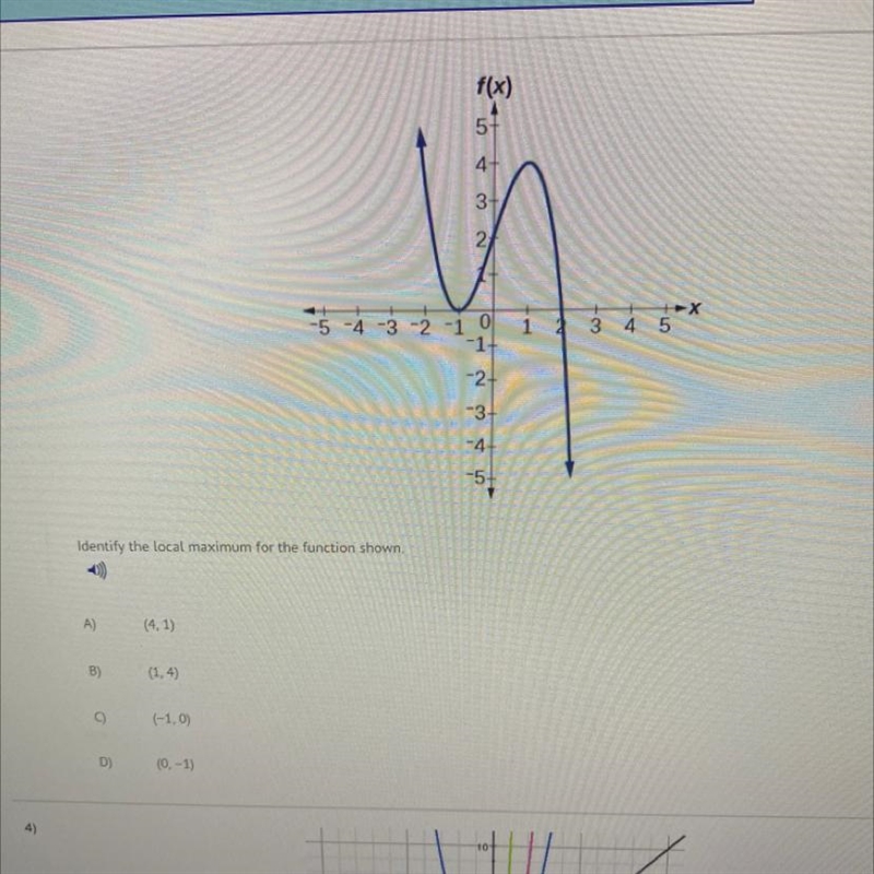 Identify the local maximum for the function shown. A) (4,1) B) (1,4) (-1,0) D) (0, -1)-example-1