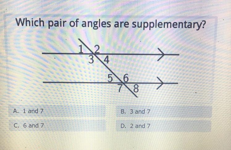 Which pair of angles are supplementary?-example-1