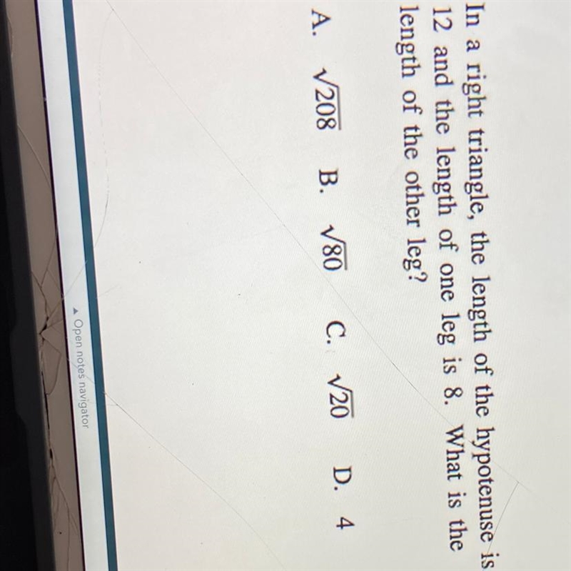 In a right triangle, the length of the hypotenuse is 12 and the length of one leg-example-1