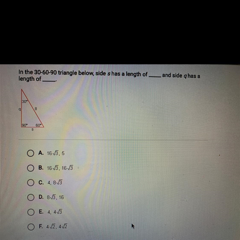 In the 30-60-90 triangle below, side s has a length of__and side q has a length of-example-1