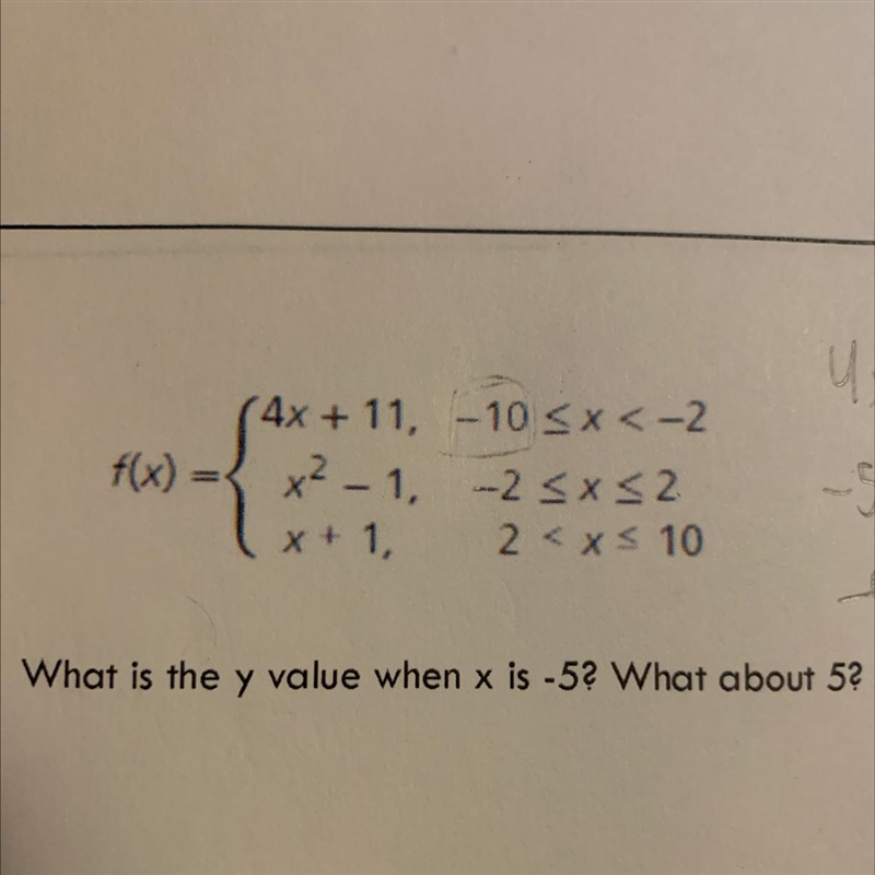 What is the y value when x is -5? What about 5? I’ve done all three functions and-example-1