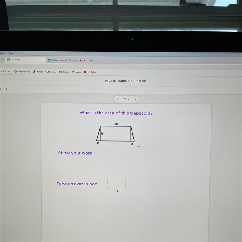 What is the area of this trapezoid? 12 6 2 2 Show your work: Type answer in box.-example-1