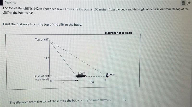 The top of the cliff is 142 m above sea level. Currently the boat is 100 metres from-example-1