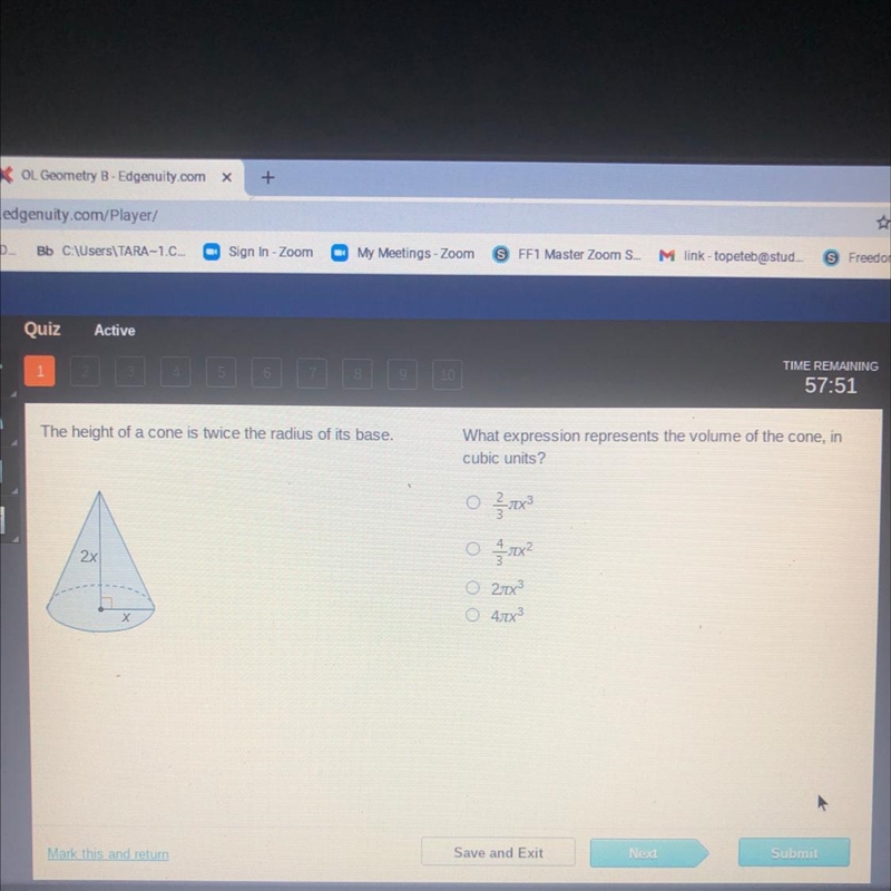 What expression represents the volume of the cone, in cubic units? xx 3 O 2013 O 47x-example-1