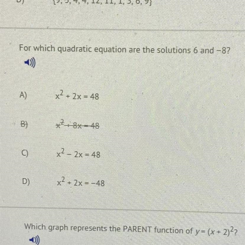 For which quadratic equation are the solutions 6 and -8? A) x2 + 2x = 48 B) **+ 8x-example-1