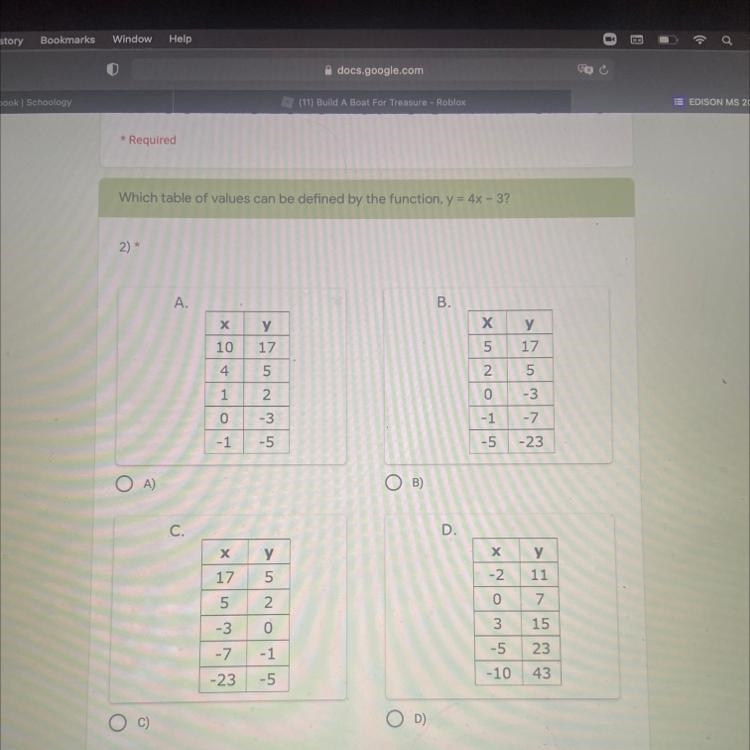 Which table of the values can be defined by the function,y=4x-3-example-1