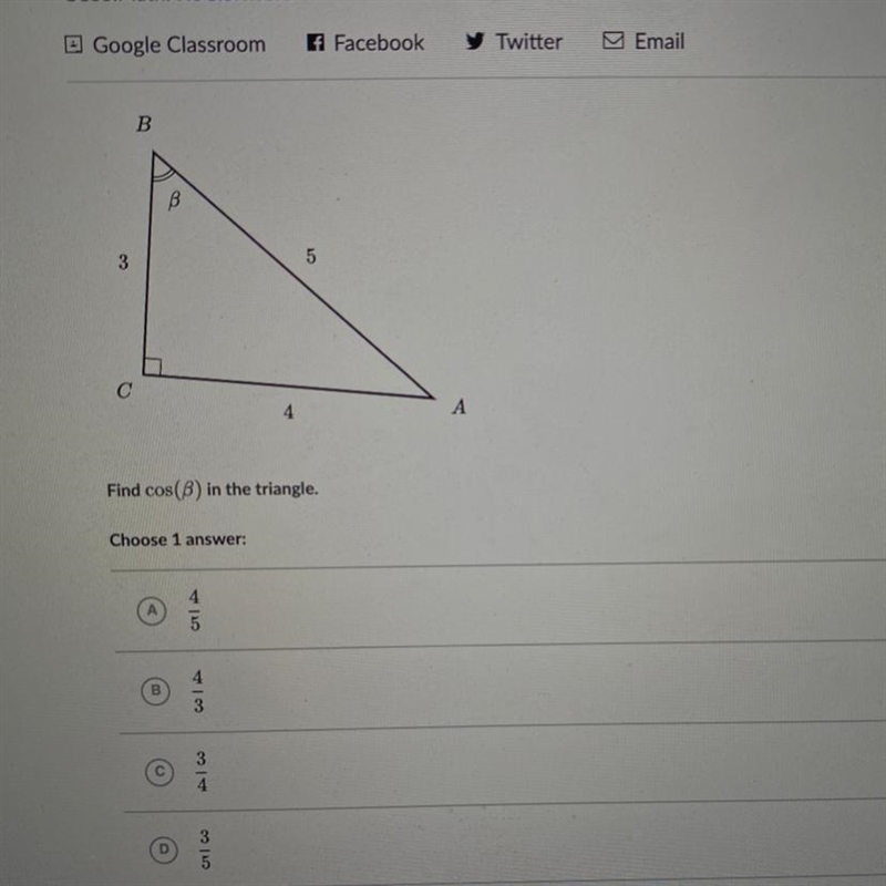 Find cos(B) in the triangle. Choose 1 answer:-example-1