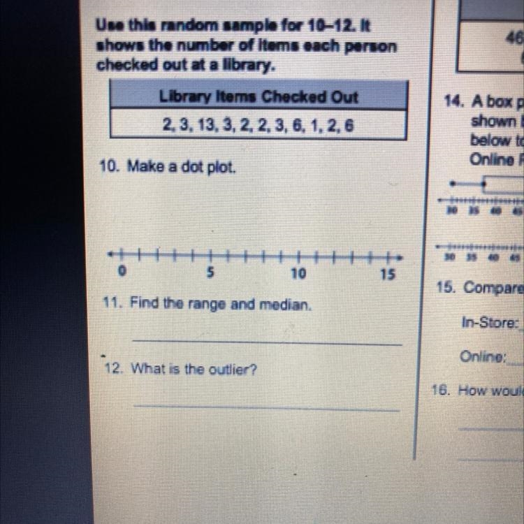 Library Items Checked Out 2.3, 13. 3. 2. 2. 3. 6. 1, 2.8 find the range median what-example-1