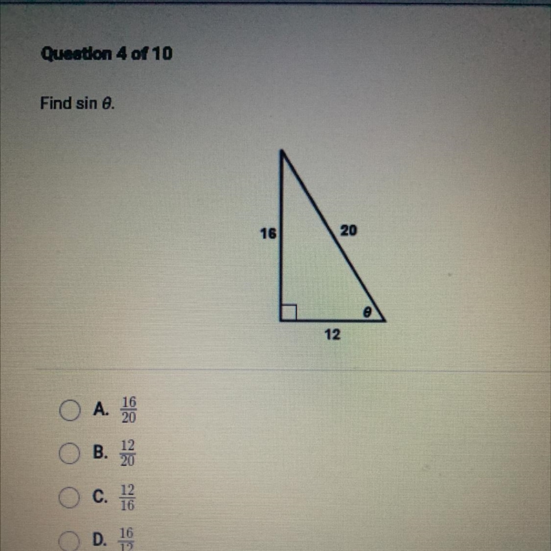 Find sin 0 16 20 A. В. C. D. 13-example-1
