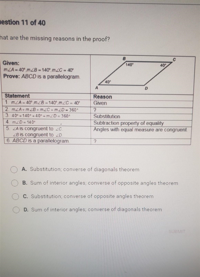 Help plz... what are the missing proof A. Substitution; converse of diagonals theorem-example-1