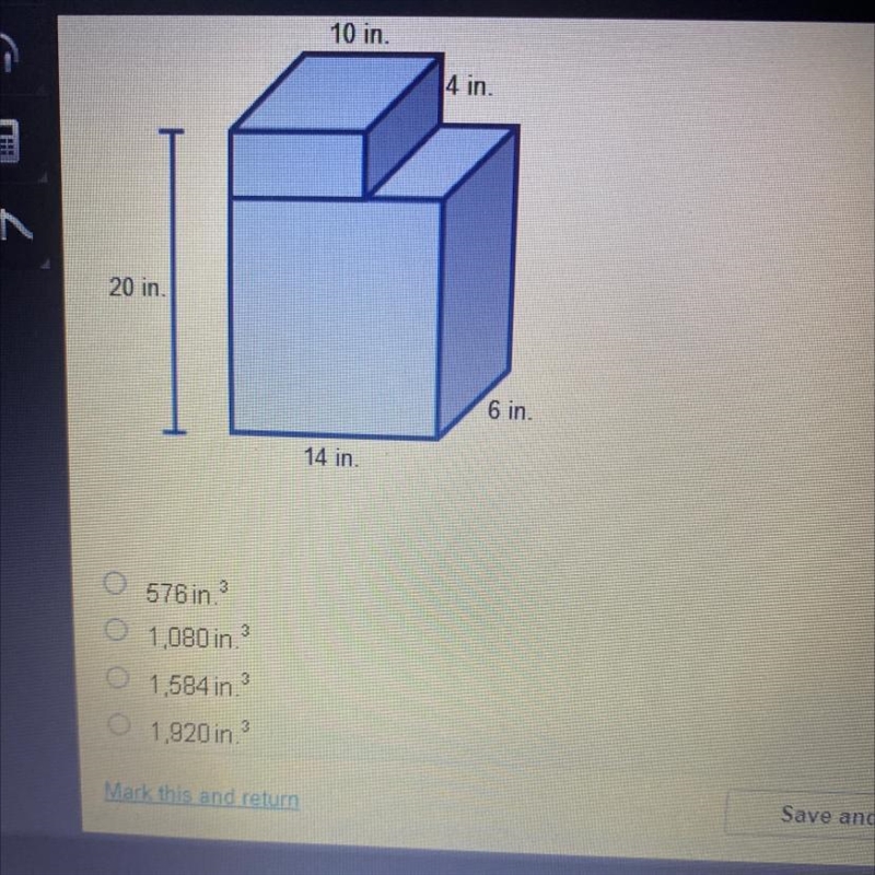 What is the volume of the container below? 10 in. 4 in. 20 in. 6 in. 14 in.-example-1