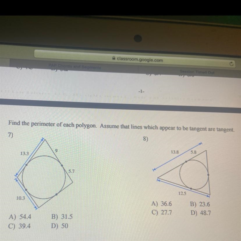 Find the perimeter of each polygon. Assume that lines which appear to be tangent are-example-1