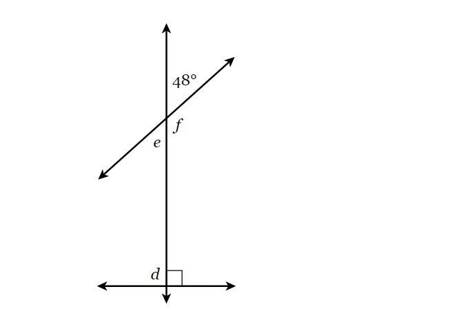 Find the measures of these missing angles. d= e= f= (All answers are in degrees)-example-1