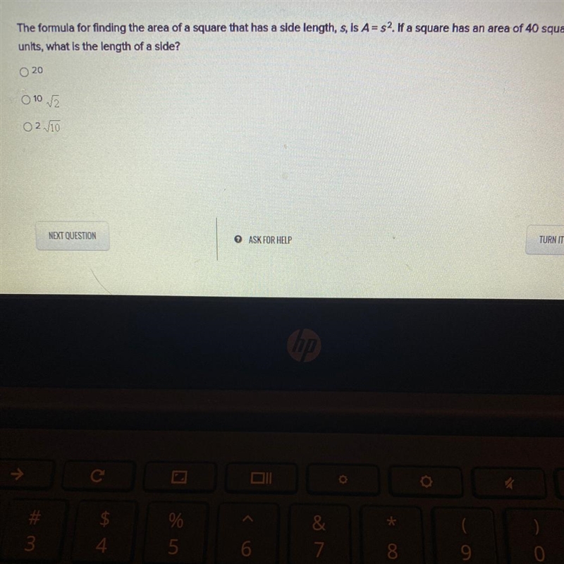 The formula for finding the area of a square that has a side length, s, is A= 52. If-example-1