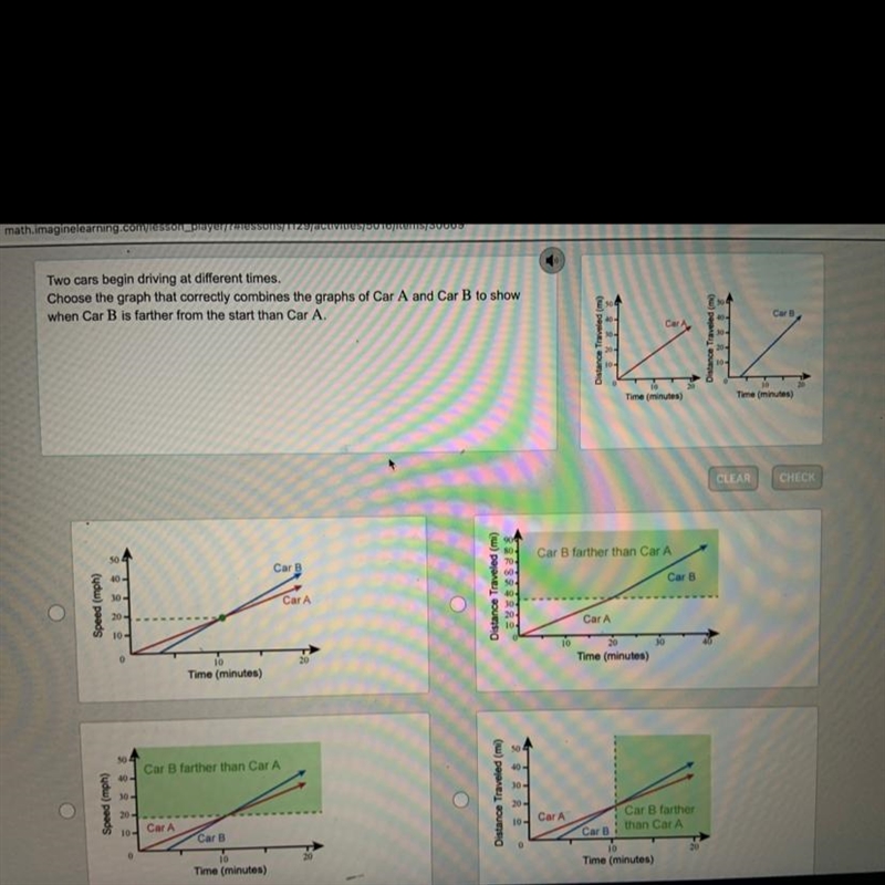 Two cars begin driving at different times. Choose the graph that correctly combines-example-1