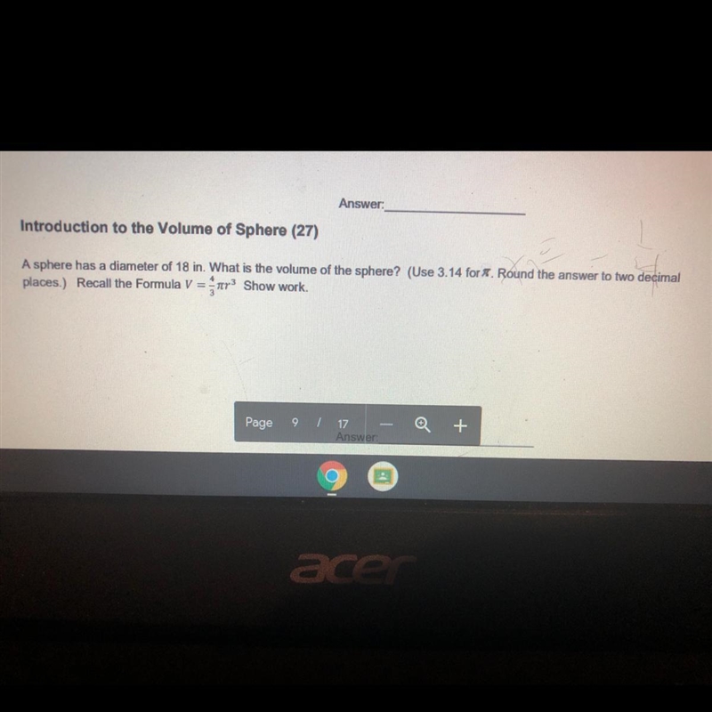 Hey sphere has a diameter of 18 inches what is the volume of the sphere-example-1